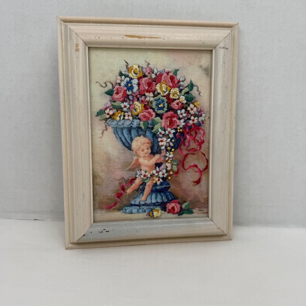 Vintage 1994 Sunset Crewel Embroidery Cherub Flower Urn Framed Art MGC564